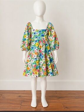Karlie Bright Floral Puff-Sleeve lined Dress in Multicolor size L